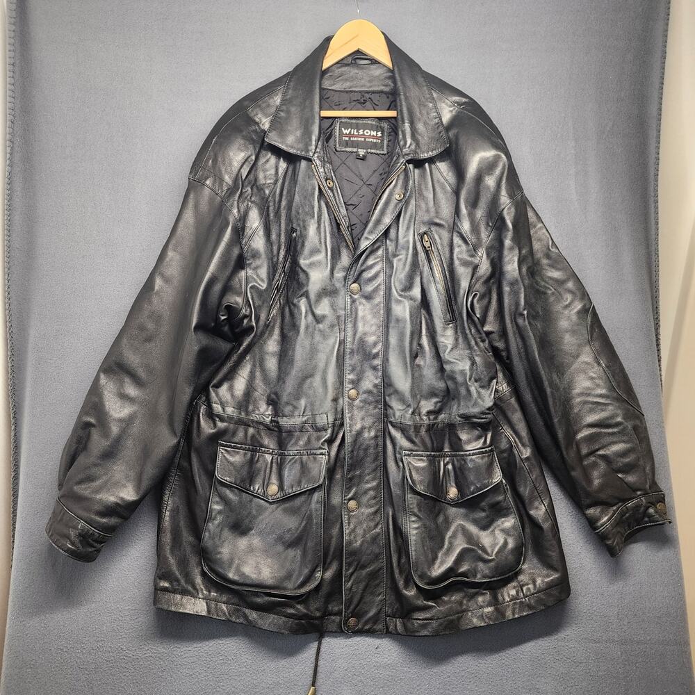 Wilsons Leather Coat Mens XL Black Distressed Pockets Winter Quilted Lining